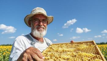 Beekeeper, a weathered man with a kind smile, stands amidst a vibrant sunflower field under a clear blue sky, holding a honeycomb frame brimming with golden honey a testament to the sweet rewards of photo