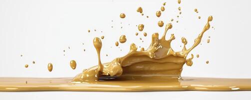 Captivating Caramel Splash A High-Speed Liquid Capture Witness the mesmerizing moment of impact as thick, golden caramel collides, creating a dynamic splash frozen in time Perfect for illustrating photo