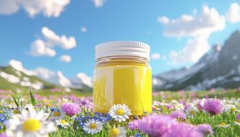 Brighten your day with a jar of sunshine This vibrant image captures the essence of summer, showcasing a honey-colored substance in a clear jar Lush fields of wildflowers bloom under a clear blue photo