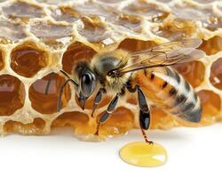 Captivating Close-Up of a Bee on Honeycomb A Detailed Macro Photograph Showcasing the Intricate Structure of the Honeycomb Cells and the Delicate Details of the Bee's Anatomy, Highlighting its Fuzzy photo