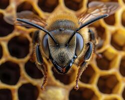Captivating Close-Up of a Honeybee on a Golden Honeycomb Explore the intricate details of this industrious pollinator as it diligently works within the hexagonal cells of its hive A remarkable macro photo