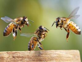 Captivating Close-Up of Three Honey Bees in Mid-Air A Detailed Look at Insect Flight and Social Interaction Explore the intricate details of these buzzing pollinators as they navigate the air photo