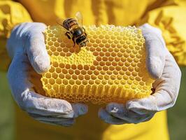 Captivating Close-Up of Honeycomb and Bee A Detailed Look at Nature's Sweet Architecture, highlighting the intricate hexagonal cells created by bees for storing honey and pollen Witness the beauty of photo