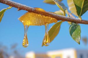 Captivating Close-Up of Golden Tree Sap Dripping From a Branch A Natural Phenomenon Unveiled in Macro Detail Explore the intricate textures and mesmerizing clarity of this botanical marvel, where photo