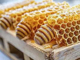 Captivating Close-Up of Golden Honeycomb Sections Showcasing the Intricate Beauty of Nature's Sweetest Creation, Detailed Textures and Warm, Inviting Colors Highlight the Natural Elegance of the photo