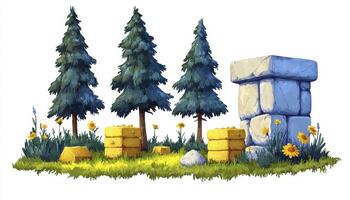 Captivating Forest Scene A Serene Illustration of Nature's Beauty, with Majestic Trees, Lush Greenery, and a Rustic Stone Structure, Ideal for Nature Lovers and Art Enthusiasts Alike Discover the photo