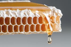 Captivating Honeycomb Close-Up A Golden Cascade of Natural Sweetness Unveiled, Discover the Intricate Details of Bee-Crafted Wax Cells, Showcasing Liquid Gold Drizzling Down, Experience the Richness photo