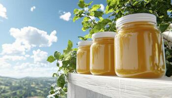 Captivating Image of Three Glass Jars Filled with Golden Honey, Positioned Neatly on a White Surface, Showcasing Nature's Sweetness Against a Backdrop of Lush Greenery and a Bright Blue Sky Adorned photo