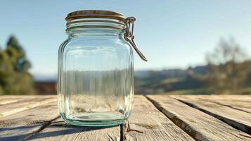 Captivating Still Life A Crisp, Clear Glass Jar Stands Serenely on Weathered Wooden Planks, Bathed in the Golden Light of a Summer Afternoon, Against a Softly Blurred Backdrop of Rolling Hills and a photo