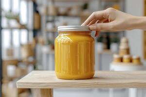 Captivating Still Life Golden Honey Jar Elegantly Displayed on Rustic Wooden Table, Lit by Natural Light Filtering Through a Window Focus on Hand Gently Reaching for the Lid, Evoking a Sense of photo