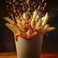 Capture the Deliciousness A Captivating Image of Crispy French Fries Drenched in Rich Sauce, Perfect for Food Blogs, Restaurant Menus, and Social Media Campaigns Explore the Irresistible Texture and photo