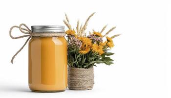 Capture the Essence of Autumn A Still Life Composition Showcasing a Glass Jar Filled with Golden Liquid, Paired with a Rustic Bouquet of Vibrant Flowers and Wheat Stalks, Evoking Feelings of Warmth photo
