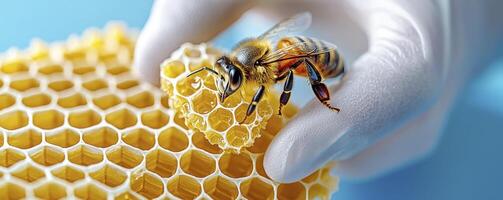 Close-up Macro Image of a Honeybee Inspecting Honeycomb Held by a Gloved Hand Exploring the Intricate World of Apiculture, Beekeeping, and the Production of Natural Sweeteners Capture the Beauty and photo