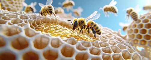 Close-up of honeybees diligently crafting a golden honeycomb, showcasing the intricate hexagonal cells filled with sweet honey A natural wonder capturing the essence of summer, highlighting the bees' photo