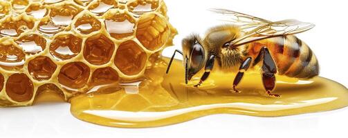 Close-up capturing the beauty of a honeybee elegantly perched on a golden honeycomb, surrounded by glistening drops of honey, highlighting the intricate details of nature's sweet creation, perfect photo