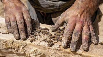 Close-up of weathered hands carefully sorting small, dark pellets on a rough, textured wooden surface, highlighting the meticulous process of seed selection, agricultural practices, and the photo