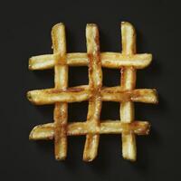 Crispy Golden Waffle Fries in a Unique Hashtag Shape on a Sleek Black Background A Delicious Food Art Photography Exploration Dive into the world of creative food presentation and appetizing visuals photo