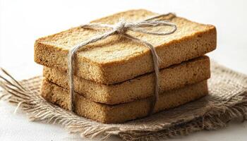 Crispy Rusks A Delicious and Nutritious Treat, Explore the textures and rustic charm of these golden brown rusks stacked neatly on a burlap cloth Perfect for healthy snacking, breakfast, or as a photo
