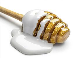 Delicate honey dipper dripping with sweet, white yogurt on a clean white background creates a visually appealing and healthy treat The golden honey beautifully contrasts with the creamy yogurt photo