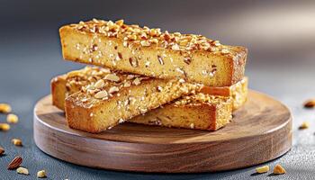Delicious almond cake slices stacked on a wooden board, showcasing the rich, nutty flavor and inviting texture, perfect for desserts, coffee breaks, or a delightful snack Explore the enticing details photo