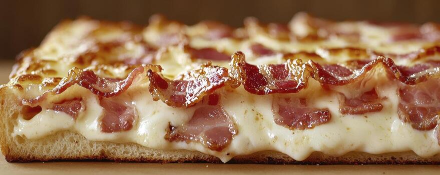 Delicious and tempting close up view of a rectangular pizza slice featuring crispy bacon strips, gooey melted cheese and a fluffy bread crust, ideal for culinary blogs, restaurant menus, food photo