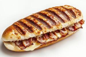Delicious Bacon and Cheese Panini on a White Background, Perfect for Food Blogs and Recipe Websites This High-Quality Image Showcases a Mouthwatering Panini with Crispy Bacon, Melted Cheese, and a photo
