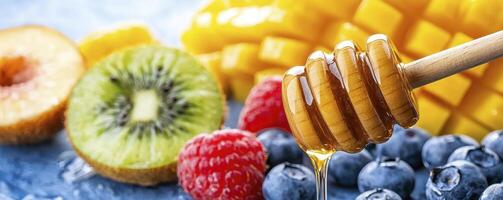 Delicious and Healthy Fruit Salad with a Drizzle of Natural Honey A Vibrant Mix of Fresh Berries, Juicy Mango, Tangy Kiwi, Sweet Peach, and Ripe Raspberries, all Beautifully Arranged to Showcase photo