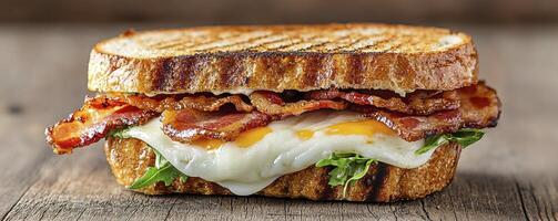 Delicious Breakfast Sandwich Photography A mouthwatering image of a bacon, egg, and cheese sandwich on toasted bread, perfect for culinary blogs, food websites, or restaurant menus Showcasing the photo