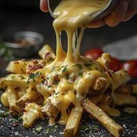 Delicious Cheese Fries Delight Indulge in this tempting culinary masterpiece, featuring crispy golden fries smothered in a rich, creamy cheese sauce Every bite offers a symphony of flavors, a perfect photo