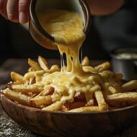 Delicious cheesy fries with melted cheddar sauce being poured over them in a rustic wooden bowl, showcasing a captivating culinary experience with crispy golden fries and a creamy cheese blanket photo