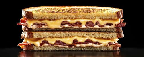 Delicious Double Decker Grilled Cheese and Bacon Sandwich Isolated on Black Background, Perfect for Lunch, Brunch, or a Quick and Easy Dinner Recipe Enjoy this Close-Up Macro Food Photography of photo