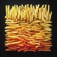Delicious Golden French Fries A Culinary Still Life Composition Showcasing the Art of Fried Potatoes From Perfectly Crispy to Warm and Inviting, This Yummy Fast Food Treat is Arranged in a Visually photo
