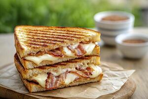 Delicious Grilled Cheese Sandwich with Crispy Bacon A Mouthwatering Close-Up Shot Perfect for Food Blogs, Restaurant Menus, and Social Media Posts Showcasing golden brown toast, melted cheese, and photo