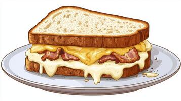 Delicious Grilled Cheese Sandwich with Crispy Bacon Illustration A captivating close-up of a perfectly grilled cheese sandwich oozing with melted cheese and crispy bacon strips, sitting invitingly on photo
