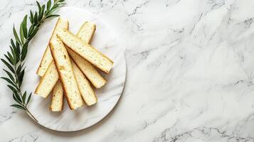 Delicious Grissini Breadsticks on Marble Background A High-Resolution Image Perfect for Food Blogs, Culinary Websites, and Restaurant Menus Showcase the Freshness and Simplicity of Italian Cuisine photo
