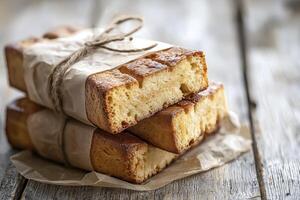 Delicious Homemade Butter Cake Slices Wrapped in Rustic Brown Paper A Guide to Baking Perfect Pastries and Desserts, Including Recipes and Tips for a Flawless Butter Cake Texture, Featuring Golden photo