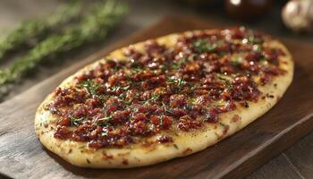 Delicious Homemade Flatbread Pizza Recipe with Chorizo and Fresh Herbs, Aromatic Spices, rustic wooden board Perfect for lunch, dinner or a party appetizer with warm colors and inviting textures photo