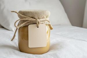 Delicious Homemade Honey Jar on Crisp White Linen A Close-Up Still Life Photograph Showcasing Natural Sweetness, Rustic Charm, and Simple Pleasures Perfect for Food Blogs, Recipe Illustrations photo