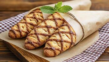 Delicious homemade pastry cones wrapped in rustic brown paper, showcasing intricate lattice patterns and topped with fresh mint sprigs, displayed on a wooden board with a checkered cloth, exuding photo