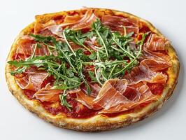 Delicious Italian Pizza with Prosciutto and Fresh Arugula A Culinary Delight Showcasing Traditional Flavors, Perfect for Food Photography Enthusiasts and Gourmet Recipe Inspiration This Image photo
