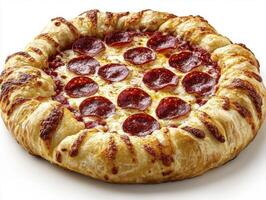 Delicious Pepperoni Pizza A Culinary Delight, showcasing a freshly baked Pepperoni Pizza, displaying a crispy crust with golden brown accents and a vibrant, melted cheese layer generously topped with photo