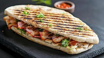 Delicious Panini Sandwich A close-up shot of a panini showcasing crispy bacon, melted cheese, and fresh herbs, all nestled between grilled bread, presented on a sleek black slate serving board with a photo