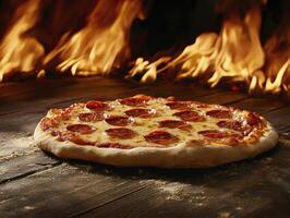 Delicious Pepperoni Pizza with Melting Cheese and Crispy Crust Cooked in a Fiery Oven An Appetizing Food Photo for Restaurants, Recipe Blogs, and Culinary Enthusiasts Enjoy a Mouthwatering Image of
