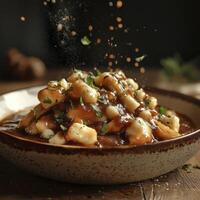 Delicious Poutine Delight A captivating image showcasing the iconic Canadian dish, complete with crispy fries, squeaky cheese curds, and rich gravy, creating a symphony of flavors that tantalize the photo