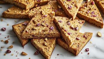 Delicious Triangular Cookies A Close-Up of Golden Brown Baked Treats Garnished with Nuts and Seeds, Perfect for Dessert, Snacking, or as a Festive Holiday Confectionery Enjoy the crunchy texture and photo