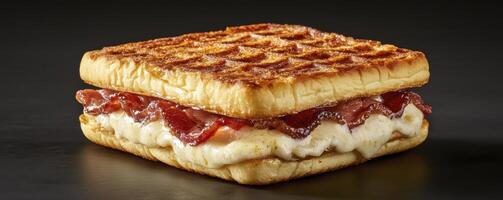Delicious Waffle Sandwich Delight A mouthwatering image of a freshly prepared waffle sandwich, showcasing layers of crispy bacon, creamy melted cheese, and perfectly grilled waffles Capturing the photo