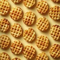 Delicious Waffle Bites on a Creamy Yellow Surface A High-Angle Shot Showcasing Golden Brown Mini Waffles, Perfect for Breakfast or Snacks, Arranged in a Patterned Design, Ideal for Food Blogs and photo