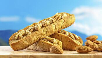 Delight in the wholesome goodness of homemade biscotti with this stunning photograph showcasing the perfect balance of crunchy texture and nutty flavor, capturing the essence of traditional Italian photo