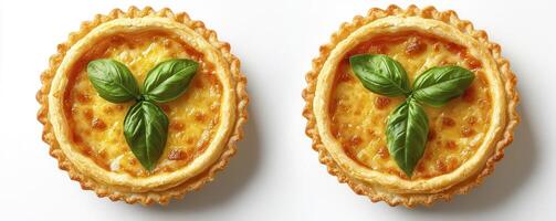 Delight in these two miniature savory custard tarts, adorned with vibrant green basil leaves, perfect for a sophisticated brunch or an elegant appetizer, each tart boasts a flaky golden crust and a photo