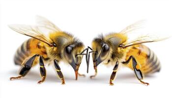 Detailed close-up capturing the intricate beauty of two honeybees facing each other, showcasing their delicate wings, fuzzy bodies, and multifaceted eyes, perfect for educational or nature-themed photo